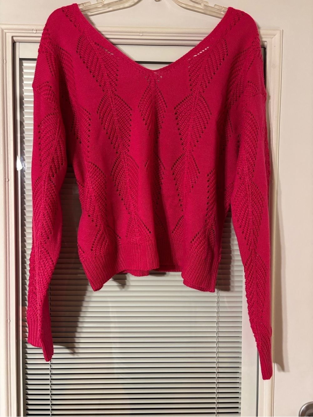 SHEIN Fuchsia Openwork V-Neck Knit Sweater